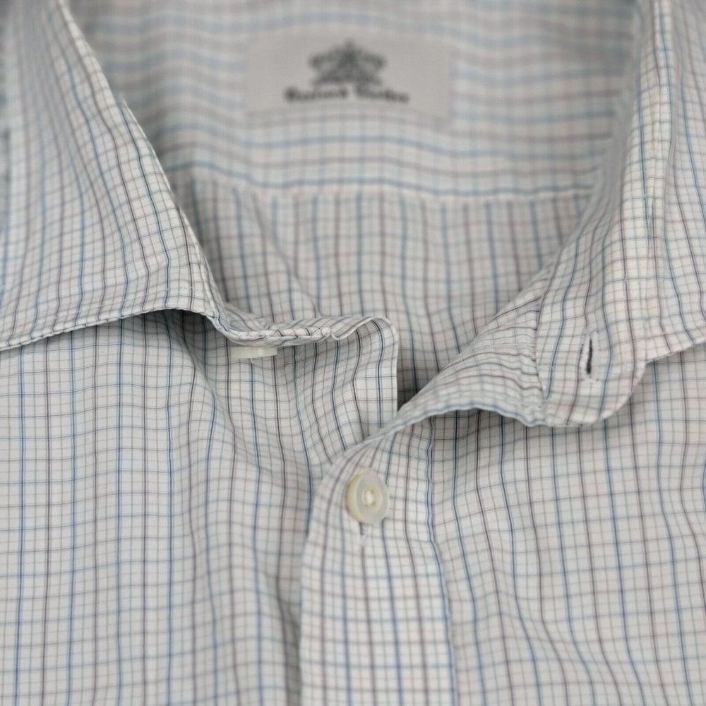 Oxxford Clothes Mens White w Blue Red Fine Check Cotton Luxury Dress Shirt‎ 19"